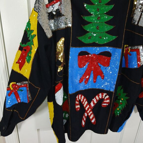 VINTAGE MODI DENIM Sequin Christmas Holiday Ugly Sweater Jacket L 10/12 80s 90s - Picture 10 of 16